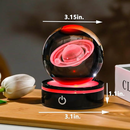 YWHL 3D Saturn Crystal Ball with LED Light Base, 3D Laser Engraved Glass Sphere Galaxy Crystal Ball for Home Decorations, Planet Saturn Lamp Gifts for Mother's Day Birthday Christmas (80mm)