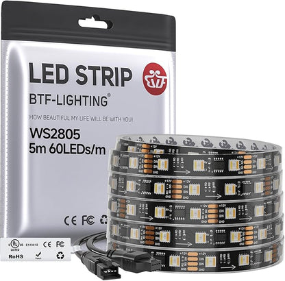 BTF-LIGHTING WS2805 IC RGBCCT Addressable Dual Data LED Strip 5050SMD 16.4FT 60LED/m 20Pixel/m,UL Listed,5 Colors in 1 Chasing Color RGB+CCT 3000K-6500K IP67 DC12V(No Adapter or Controller)