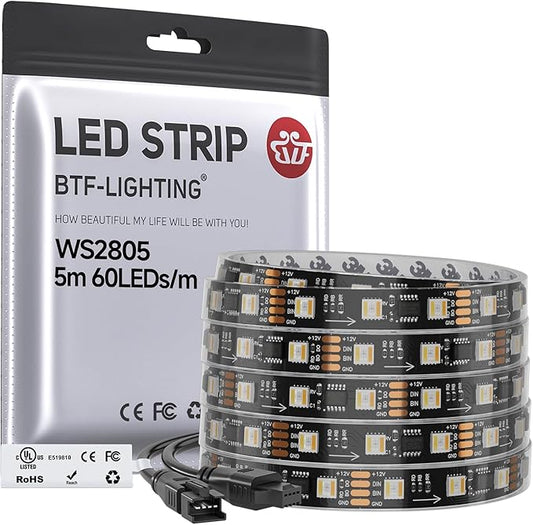 BTF-LIGHTING WS2805 IC RGBCCT Addressable Dual Data LED Strip 5050SMD 16.4FT 60LED/m 20Pixel/m,UL Listed,5 Colors in 1 Chasing Color RGB+CCT 3000K-6500K IP67 DC12V(No Adapter or Controller)