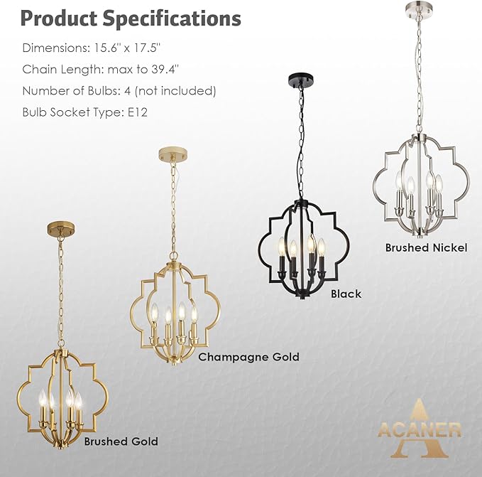 4-Light Brushed Nickel Chandelier, Modern Dining Room Light Fixtures Over Table, Geometric Hanging Pendant Light for Bathroom, Foyer, Hallway, Kitchen, Entryway