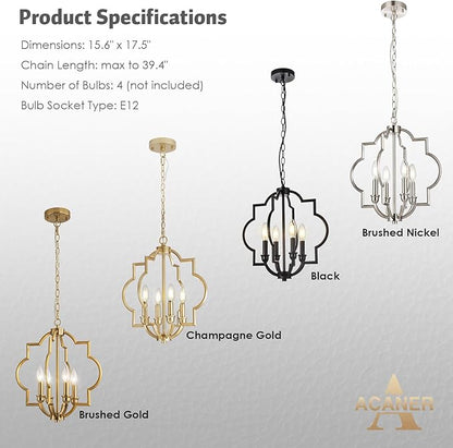 4-Light Brushed Nickel Chandelier, Modern Dining Room Light Fixtures Over Table, Geometric Hanging Pendant Light for Bathroom, Foyer, Hallway, Kitchen, Entryway