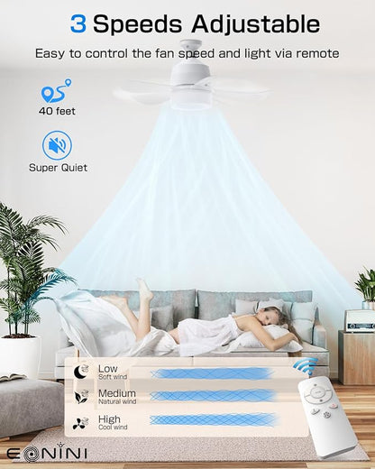 Eonini Socket Fan Light with Remote, 16" Ultra-Quiet 5-Blade Small Ceiling Fan with Light, 1000LM 3-Color Dimmable LED, 3 Speeds & 5 Brightness Levels, Screw-in E26 Base for Garage Bedroom Kitchen