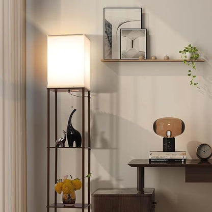 Gupuzm Floor Lamp with Shelves, with Modern Square Standing Lamp with Smart APP Control RGB Bulb, Corner Display Bookshelf Lamp for Living Room, Bedroom and Office(brown-9RGB)