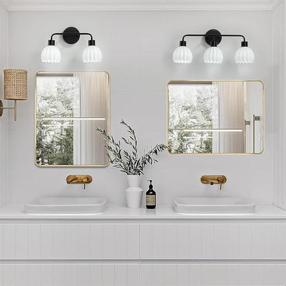 Black 3-Light Vanlity Light Over Mirror,Wall Sconces,Modern Bathroom Light Fixture with Milk White Glass Flower Shade,E26 Socket(Bulbs Not Included)