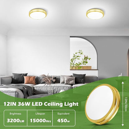 GoBright 36W LED Ceiling Lights for Bedroom Kitchen, 12 Inch 3600lm Super Bright Dimmable Gold Flush Mount Light Fixtures, 2700K/3000K/4000K/5000K/6500K Adjustable Modern Lamps for Hallway