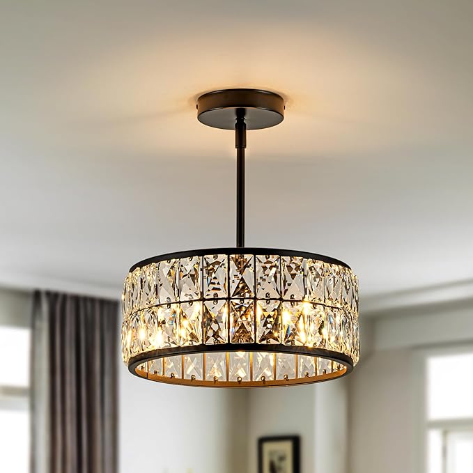 Rpzloila 3-Light Crystal Ceiling Light, Modern Semi Flush Mount Ceiling Light, Black Crystal Chandelier for Kitchen Bedroom Bathroom Entryway Hallway