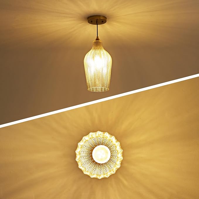 Amber Glass Gold Pendant Light, Farmhouse Kitchen Island Pendant Light Fixture Adjustable Vintage Hanging Ceiling Light for Dining Room Corridor Bedroom 1 Pack, UL Certification