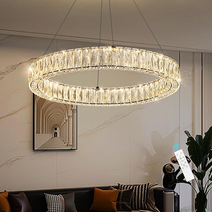 HAIXIANG Modern Crystal Chandelier Dimmable LED Ring Pendant Lights Adjustable Glam Chandeliers Lighting Fixtures for Dining Room Living Room Bedroom Black Light