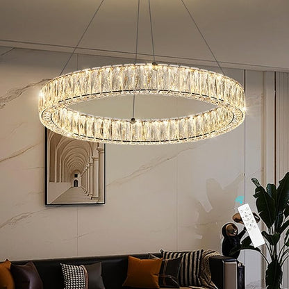 HAIXIANG Modern Crystal Chandelier Dimmable LED Ring Pendant Lights Adjustable Glam Chandeliers Lighting Fixtures for Dining Room Living Room Bedroom Black Light