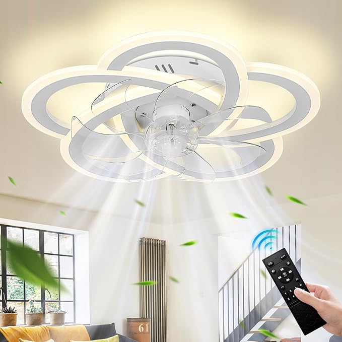 Ceiling Fan with Lights Low Profile Ceiling Fan with Lights Remote Control, 6 Speeds 3 Light Color Flush Mount Fan Lamp for Kitchen Bedroom 20.4" White