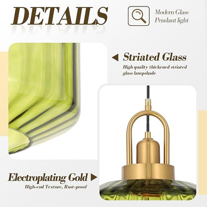 11.8in Mid Century Modern Green Glass Pendant Light Fixture, Large Gold Kitchen Island Pendants Light Glass Ceiling Hanging Lamp for Foyer Dining Room Bedroom Entryway Hallway Over Sink