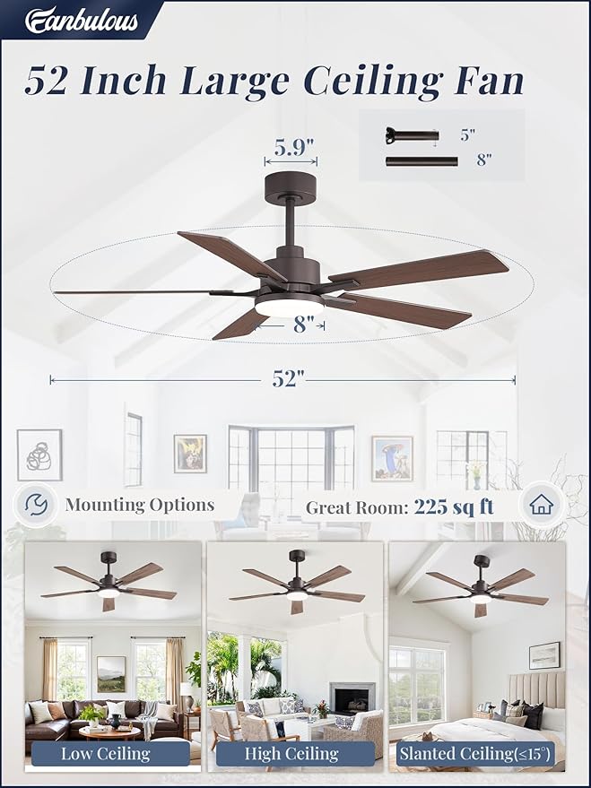 52 Inch Ceiling Fan with Light and Remote, 6 Speeds Reversible DC Motor Ceiling Fans for Bedroom Living Room Patio, 3CCT Dimmable LED, 5 Wood Blades, Downrod Mount, Sloped Ceiling Compatible