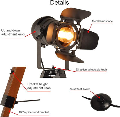 Decoluce Vintage Tripod Floor Lamp, Height Adjustable Wooden Camera Tripod Rotatable Spotlight Tall Standing Light, Nostalgic Cinema Lamps for Living Room, Bedroom, Studios Decor(Black)