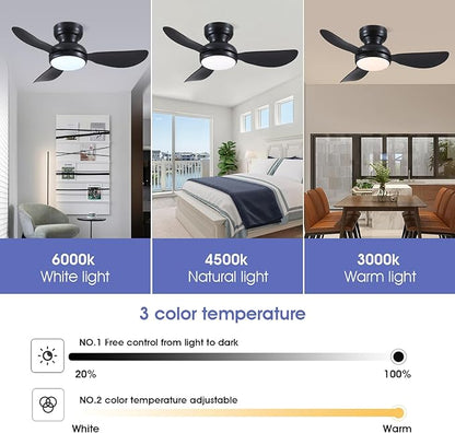 Kviflon 36 Inch Flush Mount Ceiling Fan with Light, 3 Reversible Blades, Remote & APP Control, 3 CCT Dimmable for Bedroom Living Room, Black