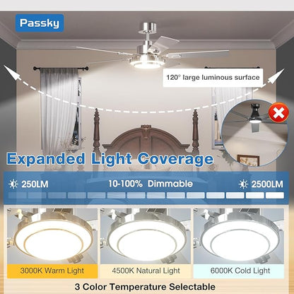 Passky Ceiling Fans with Lights, 52 inch Modern Ceiling Fan with Light and Remote Control, 3CCT, Dimmable, Reversible, Noiseless, Silver Ceiling Fan for Bedroom, Living Room