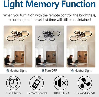 26" Geometric Ceiling Fan with Lights Remote Control, 3 Colors, 6 Speeds, Bladeless, Low Profile for Kitchen, Bedroom