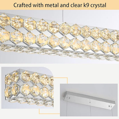 47'' Modern Crystal Chandelier for Dining Room Ceiling Light Fixture for Living Room Hallway Lighting LED Dimmable with Remote Silver