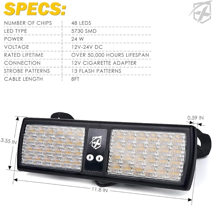 Xprite Amber 48LED Visor Strobe Flashing Lights Interior Windshield Sunshield Hazard Warning Lights for Law Enforcement Emergency Vehicles Trucks