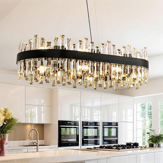 Siljoy Modern Crystal Chandelier, 16-Light Black Rectangular 2-Tiers K9 Crystal Raindrop Chandelier, Farmhouse Crystal Ceiling Light Fixture for Living Dining Room Kitchen Island L35.4 Inch