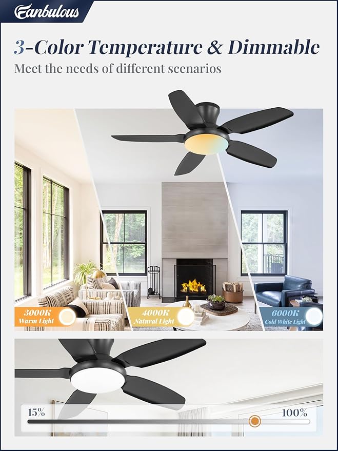 Fanbulous Ceiling Fans with Lights, 42 inch Low Profile Flush Mount Ceiling Fan with Remote/APP Control,Black Modern Ceiling Fan with LED Light for Bedroom Indoor Outdoor-LED Dimmable, 3CCT, 6 Speeds