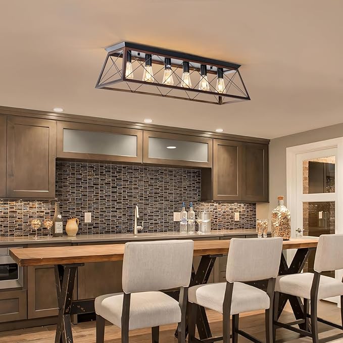 38" Large Brushed Bronze Flush Mount Ceiling Light Fixture, 6-Light Vintage Industrial Cage Chandelier for Dining Room Kitchen Island Living Room Hallway Entryway, Farmhouse Close to Ceiling Lighting