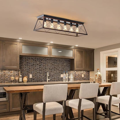 38" Large Brushed Bronze Flush Mount Ceiling Light Fixture, 6-Light Vintage Industrial Cage Chandelier for Dining Room Kitchen Island Living Room Hallway Entryway, Farmhouse Close to Ceiling Lighting