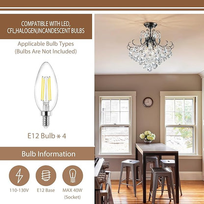 18'' Crystal Chandelier Light Fixture, Modern Semi Flush Ceiling Light for Dining Living Room Bedroom Kitchen Entryway Hallway, 4 Lights Black Ceiling Lamp