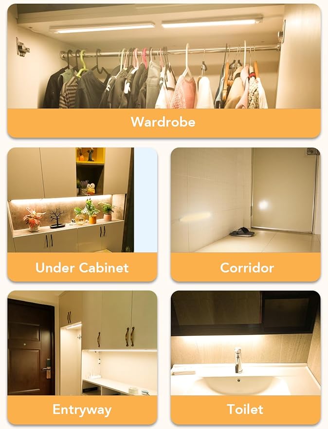 Under Cabinet Motion Sensor Lighting Indoor Plug in, 16" 12V LED Under Counter Lights Super Bright Ultra Thin Magnetic for Kitchen/Hallway/Toilet/Garage/Closet(Warm White/3000K, 2 Pack)