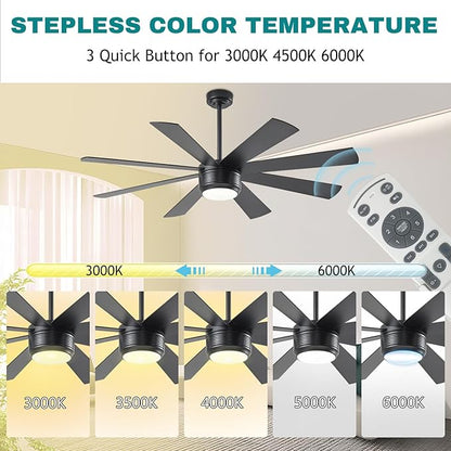 SHOWDI Ceiling Fan with Lights and Remote Control, 8 Blade App Commercial Industrial Ceiling Fan with Lights Reversible Stepless Brightness and Color Temperature (Black, 60 Inch)