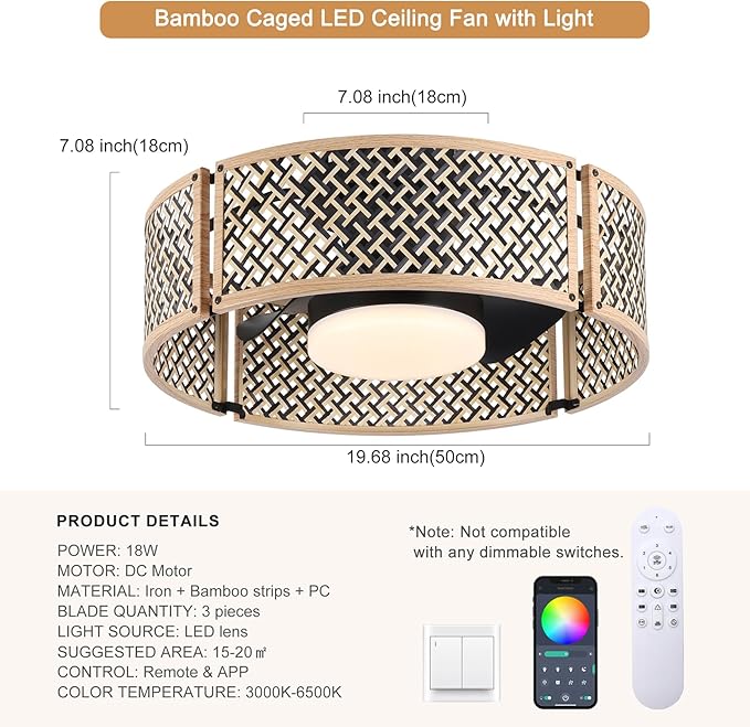 Ganeed 20" Boho Caged Fandelier with Lights, 18W Dimmable LED Rattan Ceiling Fan with Lights and Remote Control, Enclosed 6 Speeds/RGB Low Profile Bamboo Fan Light for Bedroom, Living Room, Kitchen