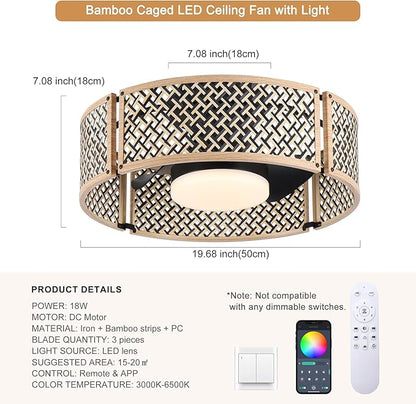 Ganeed 20" Boho Caged Fandelier with Lights, 18W Dimmable LED Rattan Ceiling Fan with Lights and Remote Control, Enclosed 6 Speeds/RGB Low Profile Bamboo Fan Light for Bedroom, Living Room, Kitchen
