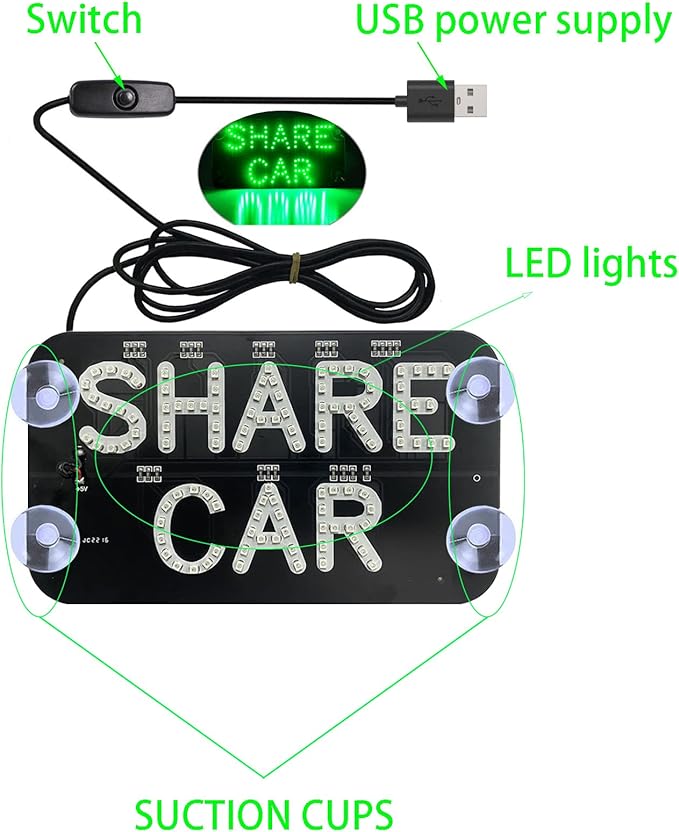 Rides LED Sign Lights,Shared Car LED Sign Light, Rides Share Sign Decor with DC12V Car Charger Inverter, for Rideshare Driver Lights up Sign,6ft Cable(Green Light,USB Switch)