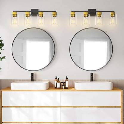 4 Light Bathroom Vanity Light - Black and Brushed Gold Bathroom Light Fixtures UL Certification, Square Light Fixture Over Mirror, Farmhouse Light Fixtures for Bathroom & Bedroom