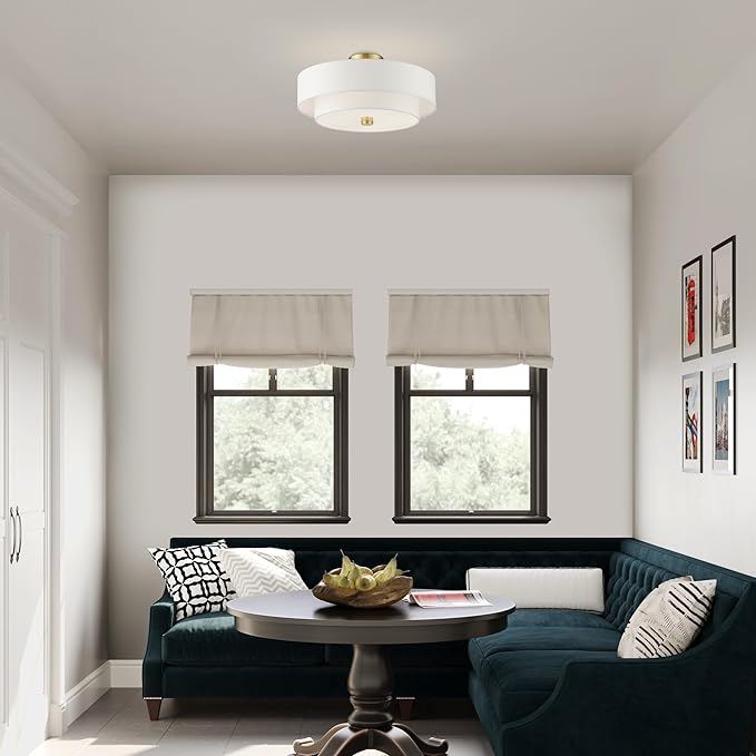 Livex Lighting 51045-12 Meridian Collection 4-Light Semi Flush Mount Ceiling Light with Off-White Hardback Fabric Shade, Satin Brass, 18 x 18 x 9