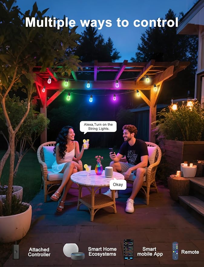 100ft String Lights for Outside, Smart RGB IC Warm White Patio Lights Outdoor Waterproof with Remote & App Control, Compatible with Alexa Great for Porch, Yard, Pergola