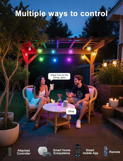 150ft String Lights for Outside, Smart RGB IC Warm White Patio Lights Outdoor Waterproof with Remote & App Control, Compatible with Alexa Great for Porch, Yard, Pergola