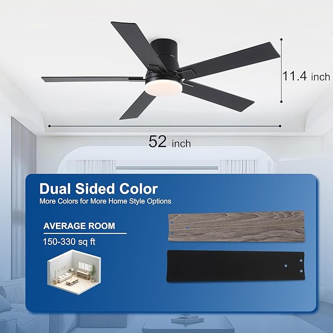 52 Inch Ceiling Fans with Lights and Remote,Flush Mount Black Ceiling Fan with 5 Blades,6 Speed Reversible DC Motor,3CCT Dimmable LED-Low Profile Design for Bedroom, Living room & Covered Outdoor