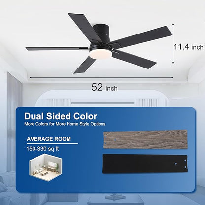 52 Inch Ceiling Fans with Lights and Remote,Flush Mount Black Ceiling Fan with 5 Blades,6 Speed Reversible DC Motor,3CCT Dimmable LED-Low Profile Design for Bedroom, Living room & Covered Outdoor