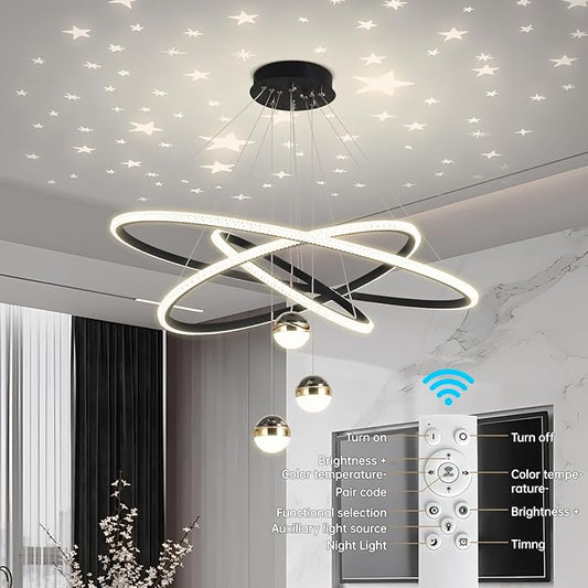 My Precious Modern LED Chandelier, 3-Ring Chandeliers for Dining Room with Remote, 3-Ball Dimmable Pendant Light, High Ceiling Hanging Restaurant LED Chandelier for Living Room, Bedroom.