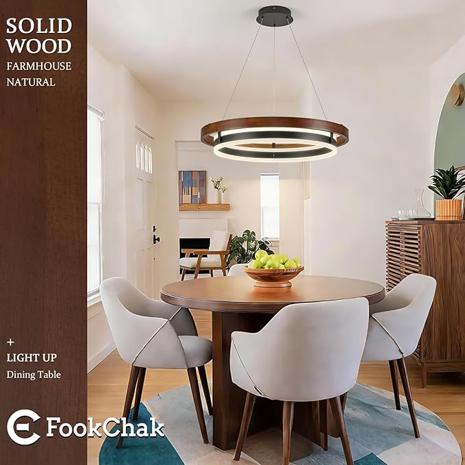 LED Ring Chandelier 24in Solid Walnut Wood Chandeliers Dimmable Black Chandeliers Modern Round Chandelier Light for Living Room Dining Room Kitchen Island Bedroom Entry