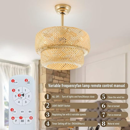 19.3" Bamboo Caged Ceiling Fan with Lights and Remote,4-Light Boho Rattan Ceiling Fan with Light Reversible Motor, Farmhouse Rattan Chandelier Fan for Bedroom, Living Room