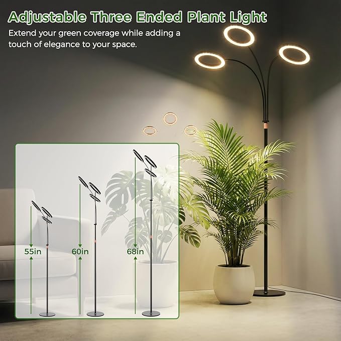 Grow Light for Indoor Plants with Stand, 48W 216 LED 3-Heads Full Spectrum Plant Lamp, 5.5FT Adjustable Tall Stand, Auto On/Off Timer (3/9/12H), 10 Dimming Levels for Seedling Veg Flowering