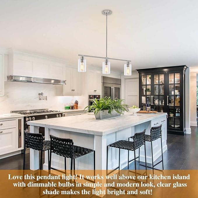 ETONIMERR Brushed Nickel Glass Pendant Lighting Over Island 3 Light Modern Kitchen Pendant Light with Glass Shade Industrial Linear Pendant Lighting for Kitchen Island