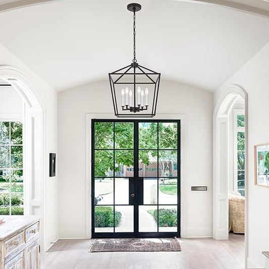 MELUCEE Vintage Lantern Pendant Light 6 Light Industrial Cage Chandelier with E12 White Candle-shaped Base Oil Rubbed Bronze Rustic Geometric Hanging Light Fixture for Kitchen Island Foyer Dining Room
