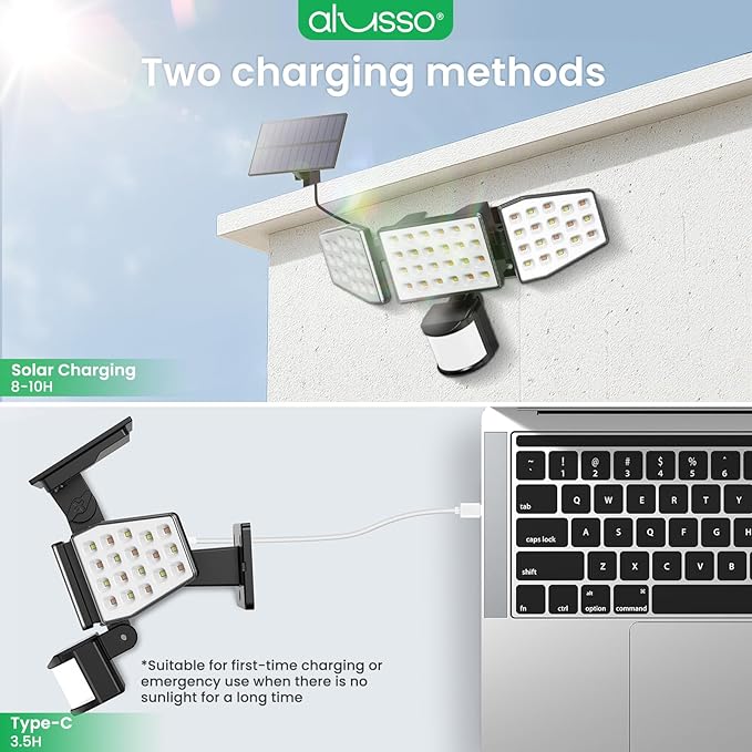 ALUSSO Solar Lights Outdoor Motion Sensor 400LM, LED Security Lights with Remote, 3 Modes (Dusk to Dawn/Auto/On Time), CCT 3000K-6500K Waterproof Flood Light for Garden Yard Garage, 2 Pack Black