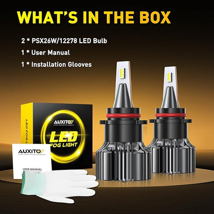 AUXITO PSX26W 12278 LED Fog Light Bulbs 18000LM, 1000% Brighter 6500K 12278C Fog Lights, 1:1 OEM Replacement for Cars Trucks SUVs, 3-Minute Installation, IP68 Waterproof, Pack of 2