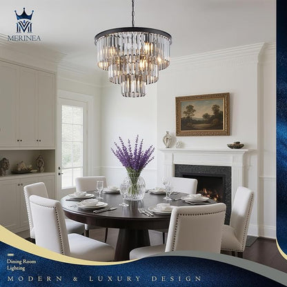 Smoke Gray Crystal Chandeliers Black Round 20" Chandelier Modern 3 Tiers 7-Light Ceiling Pendant Light Fixture Luxury K9 Crystal Lighting for Dining Room Bedroom Kitchen Foyer