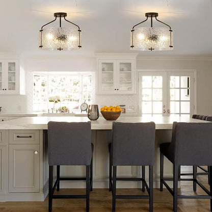 Semi Flush Mount Ceiling Light Fixture 16''Glass Chandelier Kitchen Lighting Fixtures Ceiling 3-Light Black Chandelier Hallway Light Fixture for Foyer Porch Bedroom Laundry Room