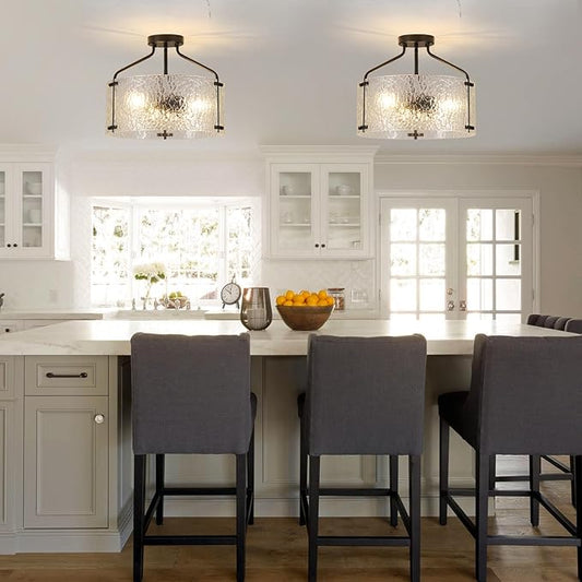 Semi Flush Mount Ceiling Light Fixture 16''Glass Chandelier Kitchen Lighting Fixtures Ceiling 3-Light Black Chandelier Hallway Light Fixture for Foyer Porch Bedroom Laundry Room