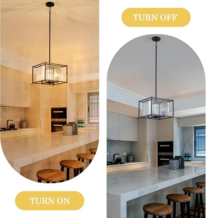 Square Small Crystal Chandeliers for Dining Room, 4-Light Black Pendant Ceiling Light Fixture 13" Mini Modern Farmhouse Adjustable Hanging Lamps for Bedroom Entryway Hallway